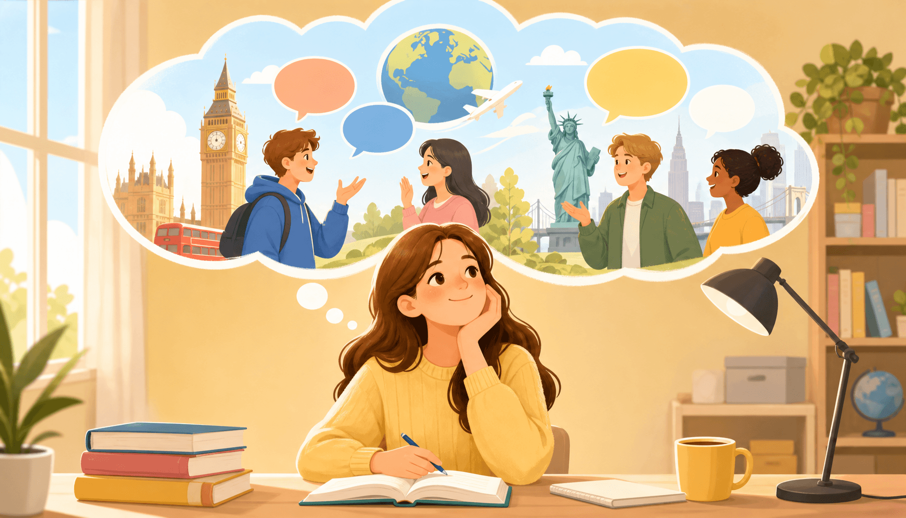Generate a flat-style illustration with a theme of English language learning. The image should exude a warm, inviting feeling using soft pastel colors. The style should be modern and minimalistic, void of text, letters, or words. This image will serve as a header for an educational blog with a 16:9 aspect ratio.