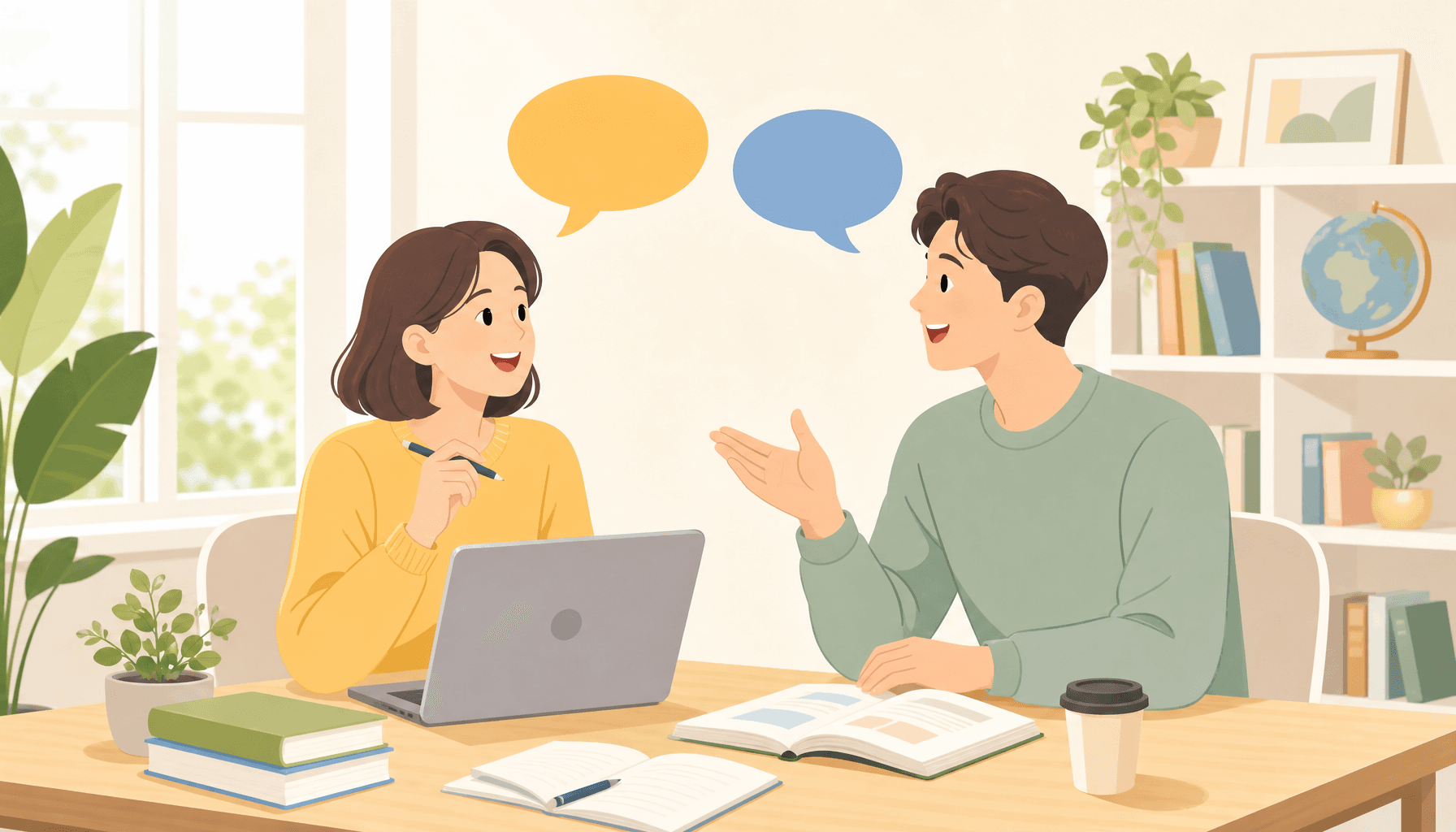 A warm and inviting flat illustration centered around the theme of people in their thirties learning English. The image is dominated by a palette of soft pastel colors, indicative of a modern and minimalistic visual style. The scene must not contain any text, letters, or words. Useful as an educational blog header, the composition should have a 16:9 aspect ratio.