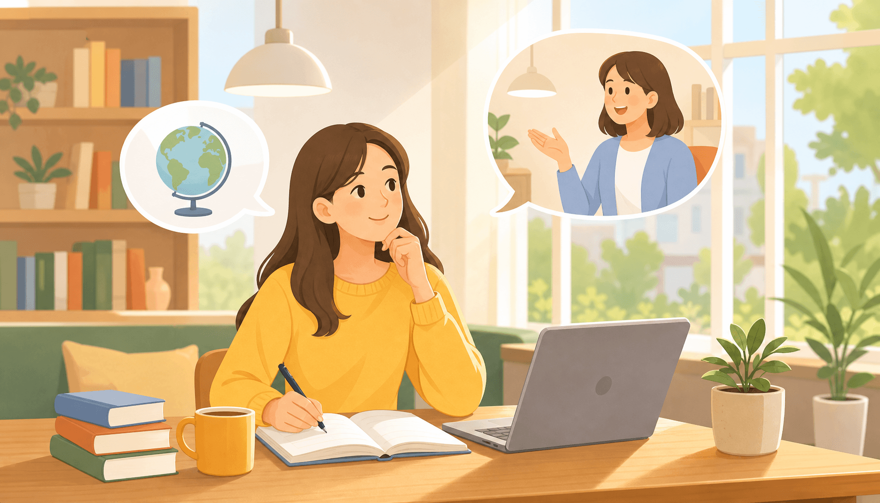 Create a flat illustration that exudes warmth and invites the viewer into a scene associated with English language learning. Use soft pastel colors to enhance the inviting atmosphere. Adhere to a clean, modern and minimal style with no text, letters, or words. This image will be utilized as an educational blog header and should adhere to a 16:9 aspect ratio.