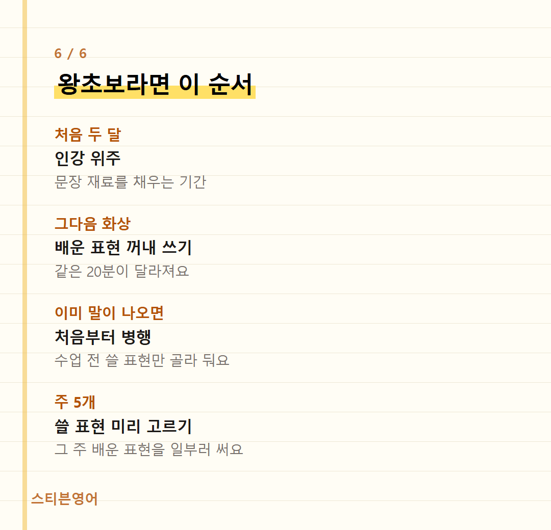 왕초보라면 이 순서 — 처음 두 달, 그다음 화상, 이미 말이 나오면, 주 5개