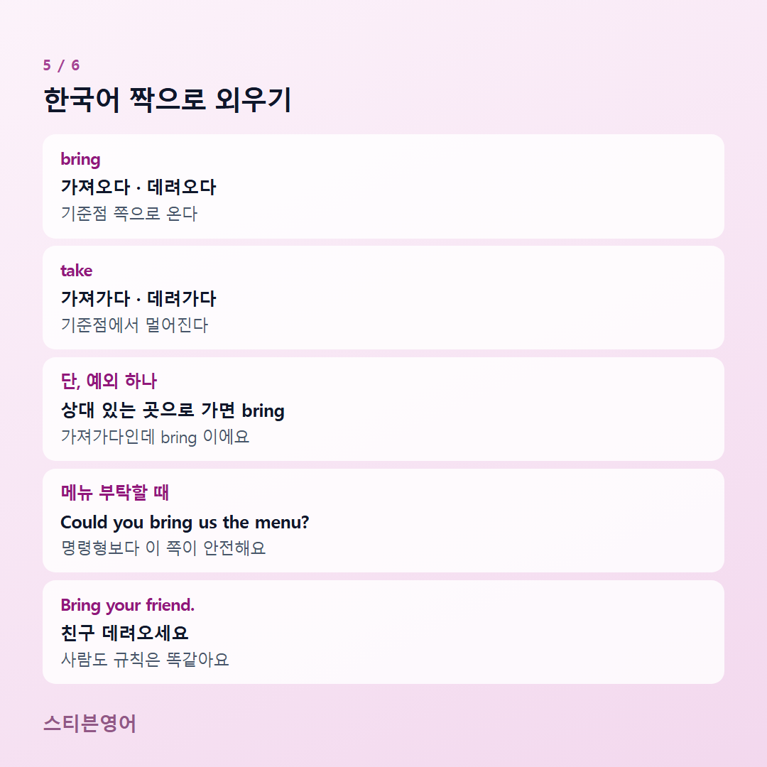 한국어 짝으로 외우기 — bring, take, 단, 예외 하나, 메뉴 부탁할 때, Bring your friend.