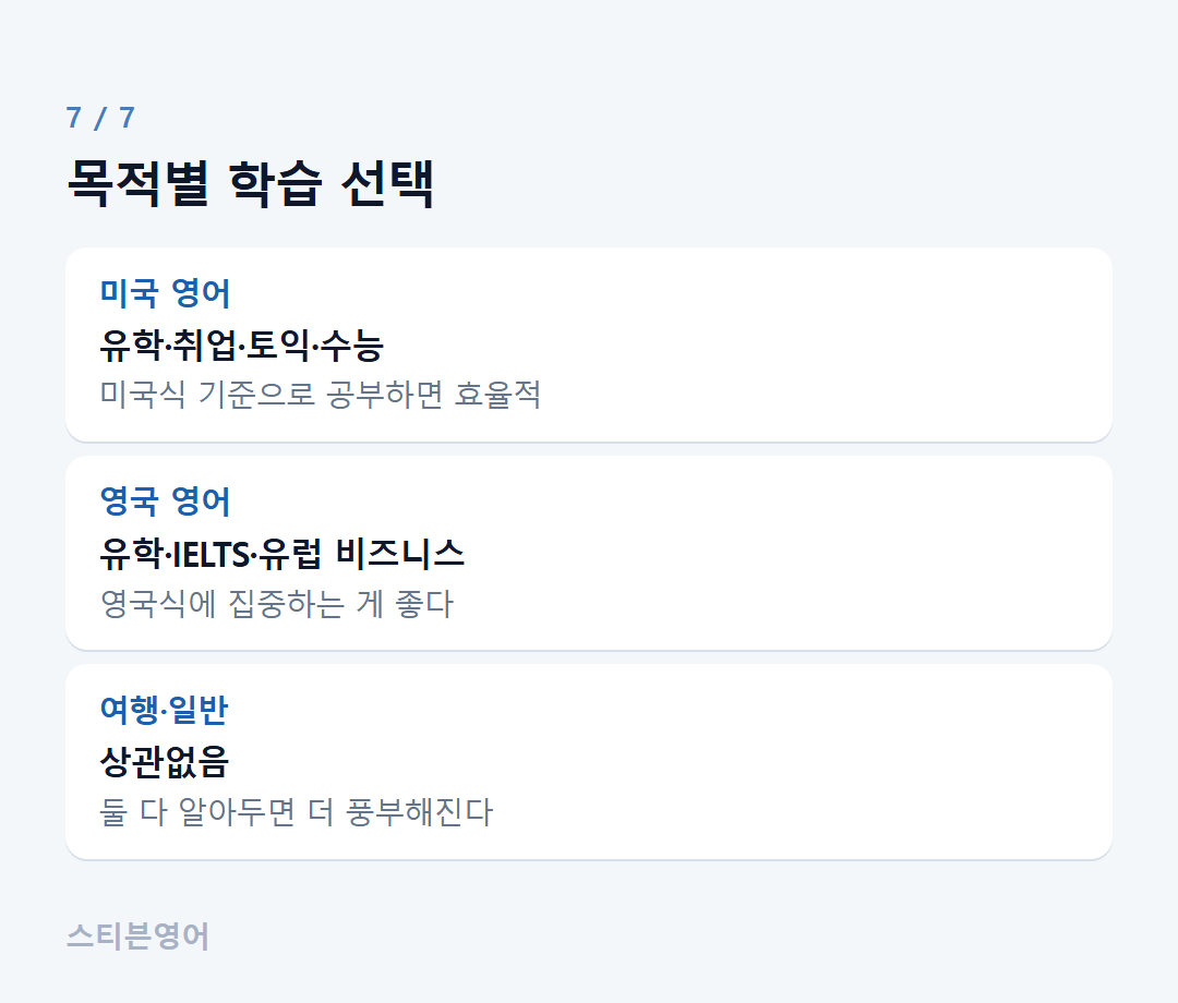 목적별 학습 선택 — 미국 영어, 영국 영어, 여행·일반