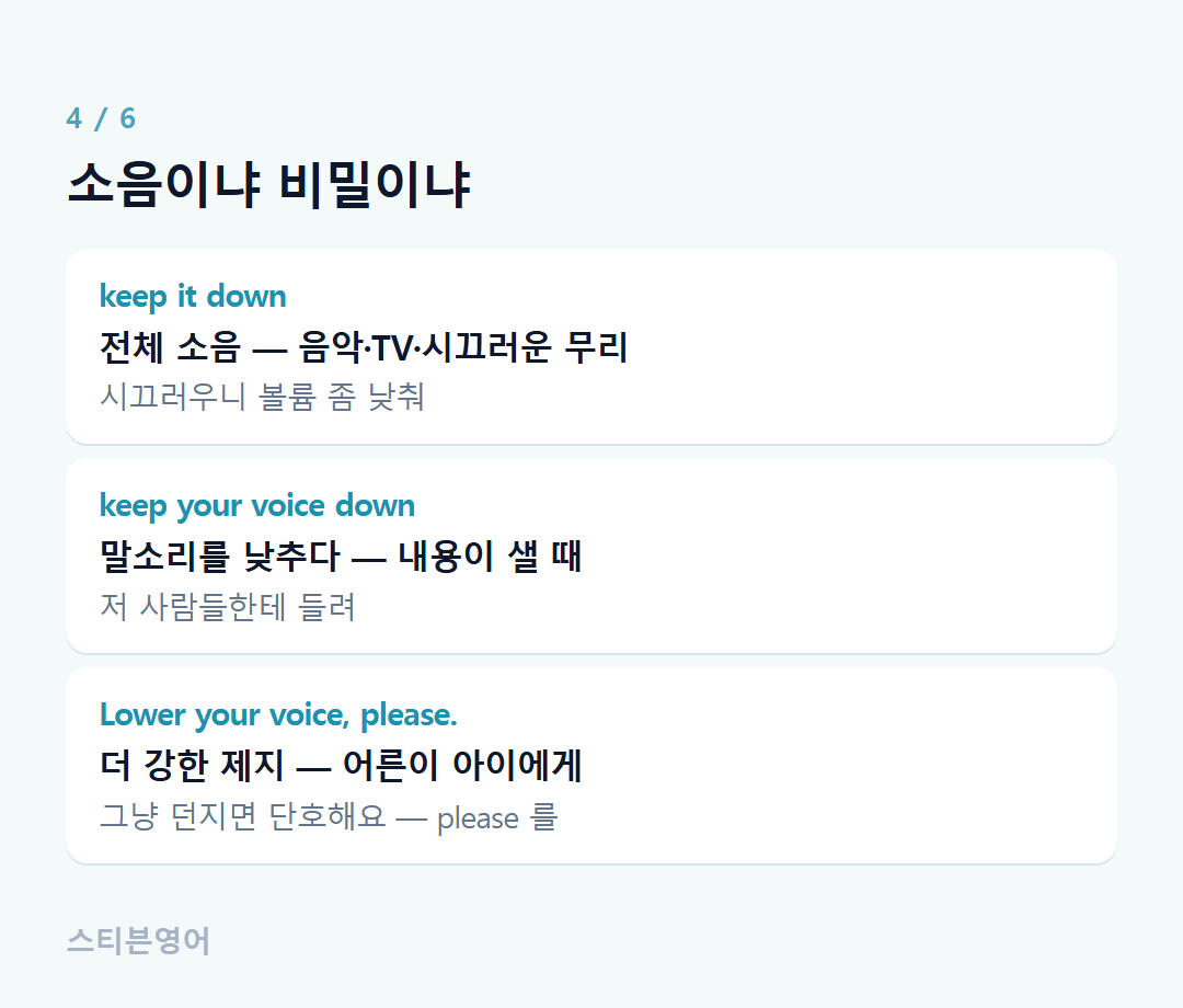 소음이냐 비밀이냐 — keep it down, keep your voice down, Lower your voice, please.