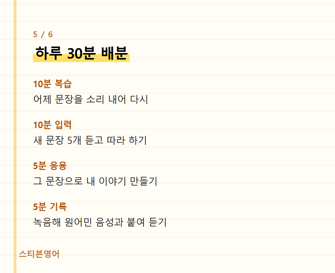 하루 30분 배분 — 10분 복습, 10분 입력, 5분 응용, 5분 기록