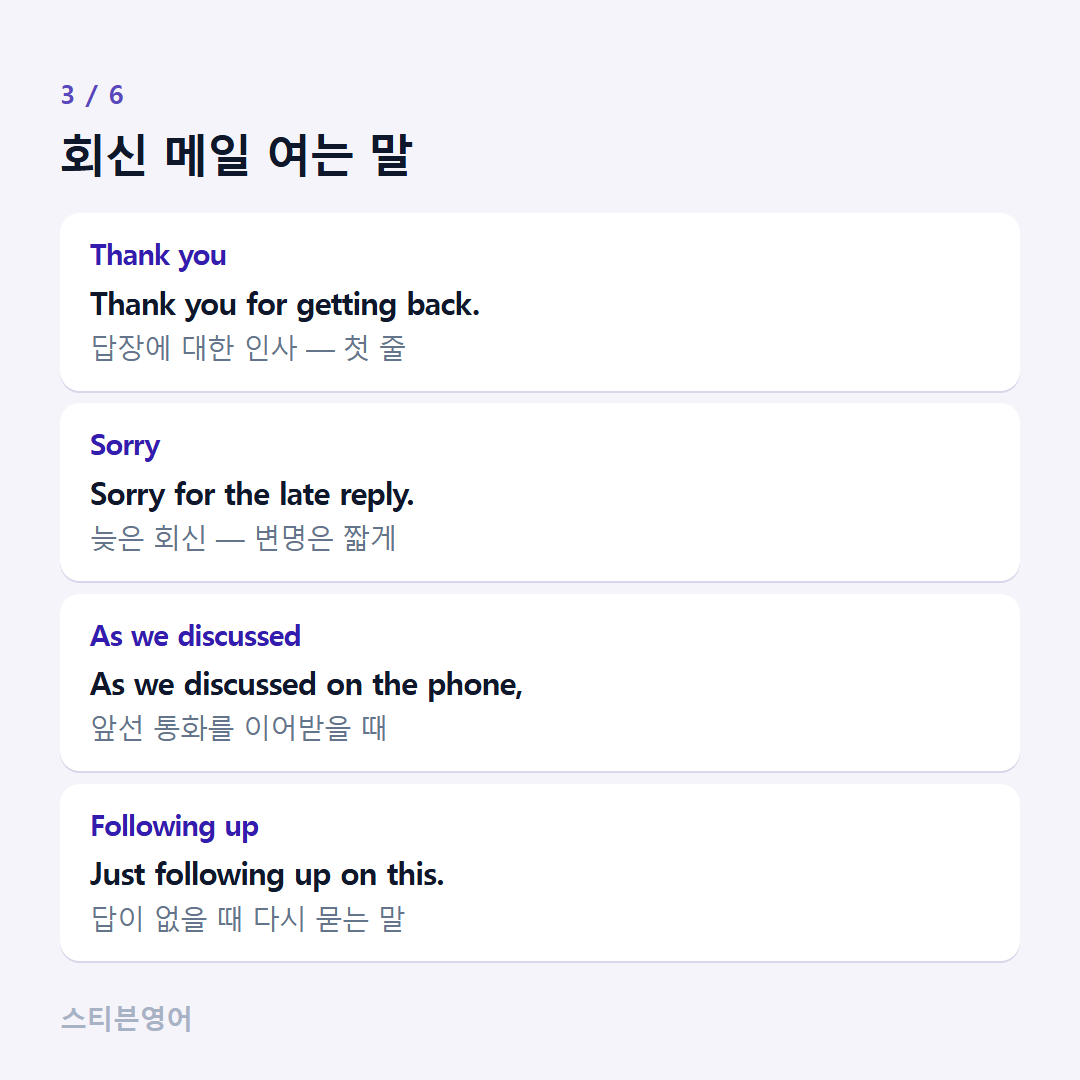 회신 메일 여는 말 — Thank you, Sorry, As we discussed, Following up