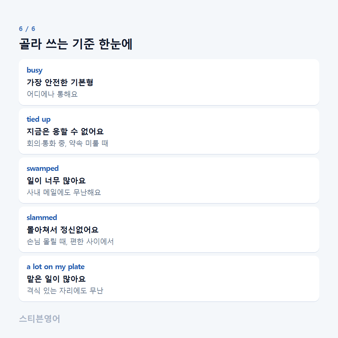 골라 쓰는 기준 한눈에 — busy, tied up, swamped, slammed, a lot on my plate