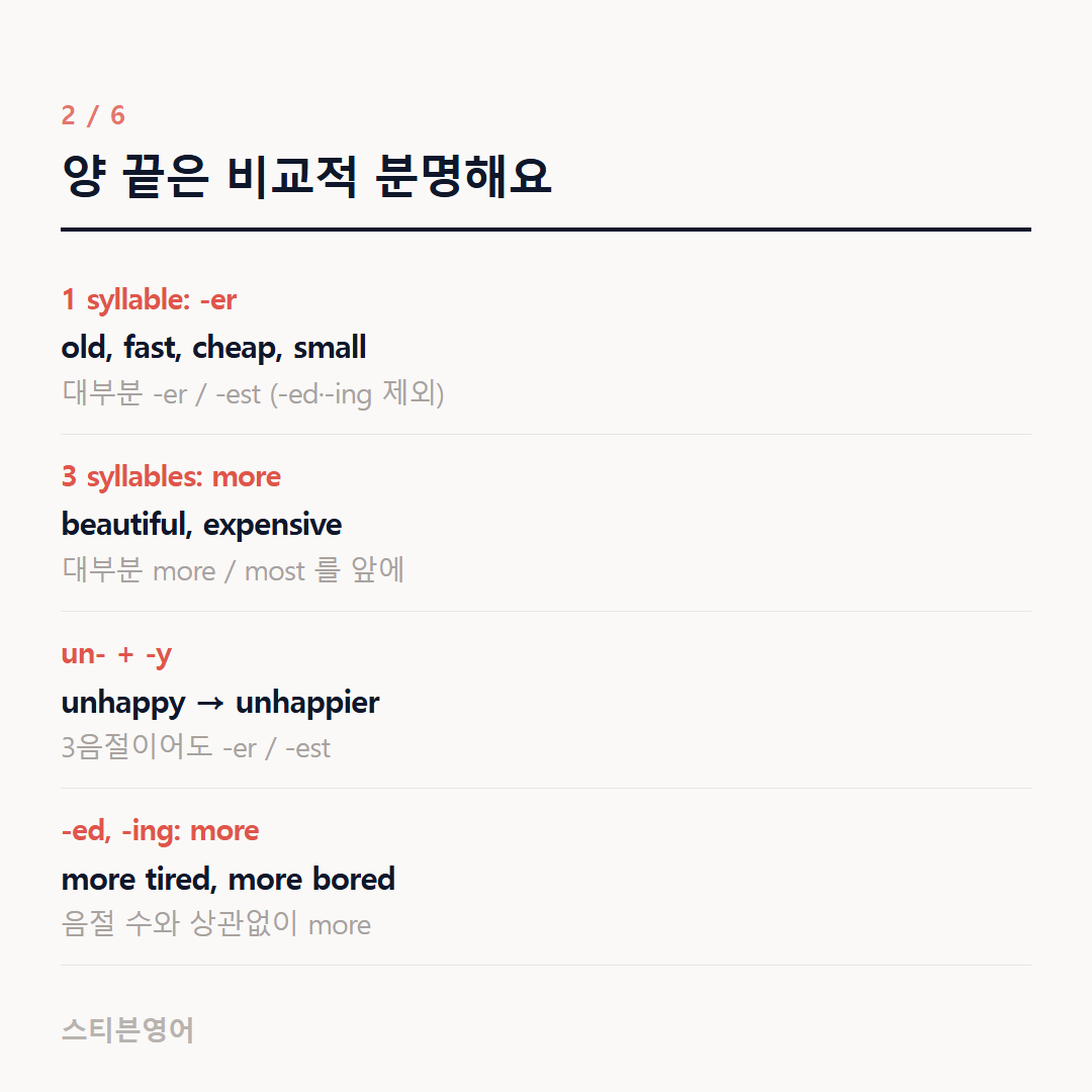양 끝은 비교적 분명해요 — 1 syllable: -er, 3 syllables: more, un- + -y, -ed, -ing: more