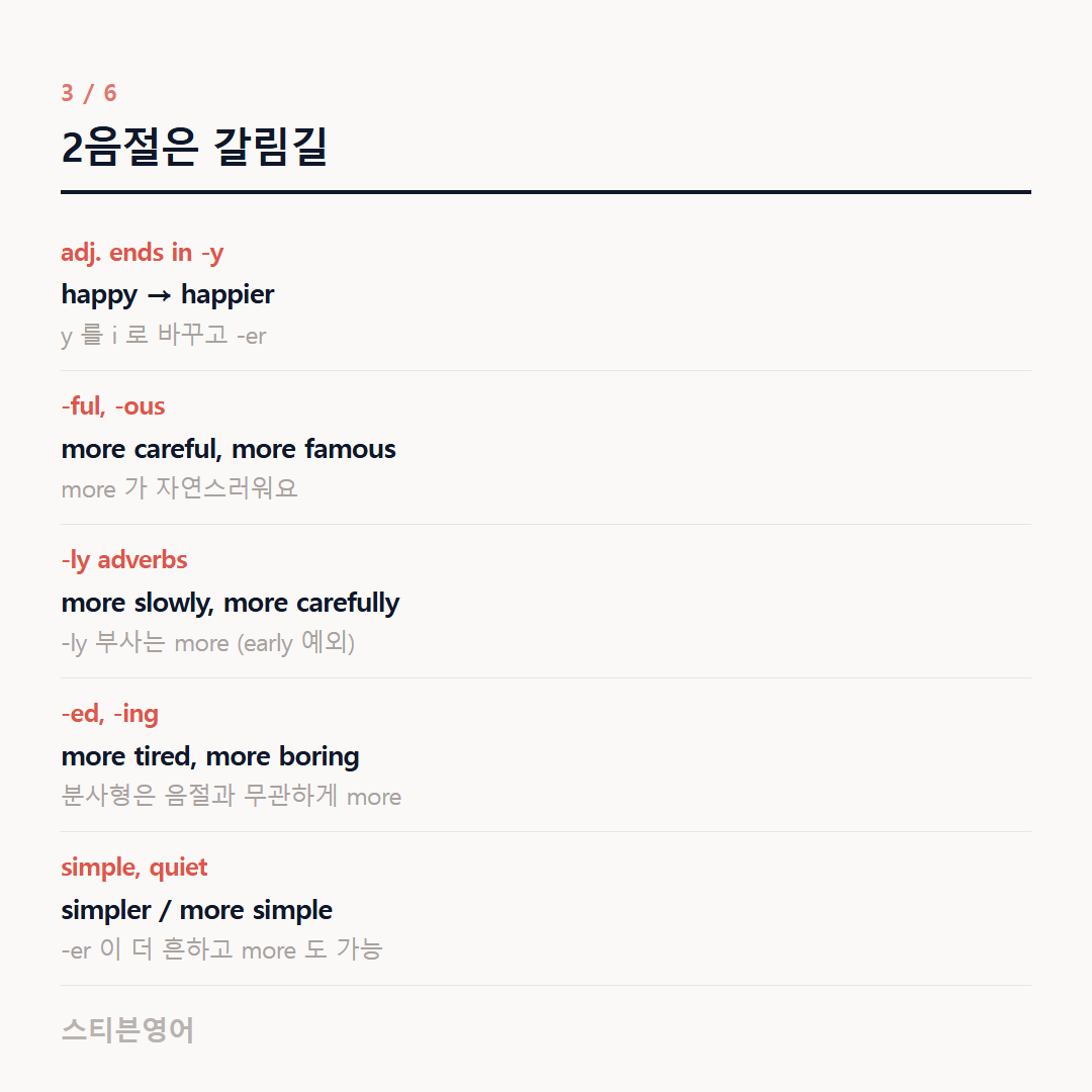 2음절은 갈림길 — adj. ends in -y, -ful, -ous, -ly adverbs, -ed, -ing, simple, quiet