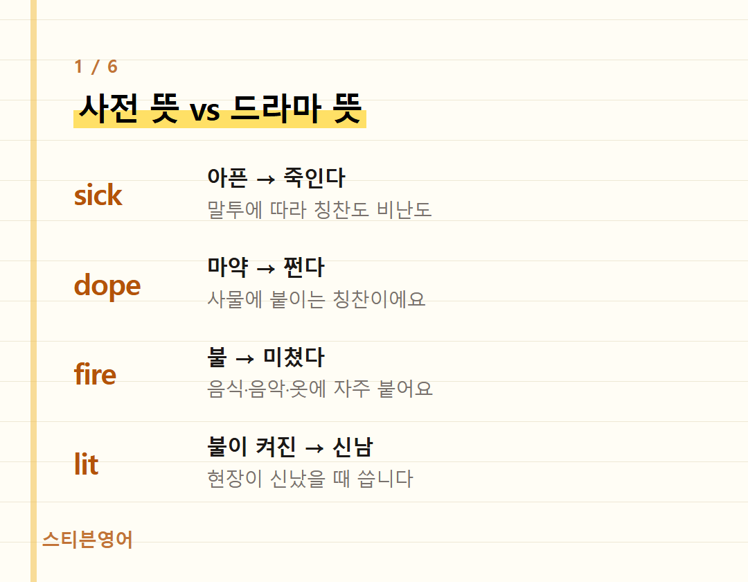 사전 뜻 vs 드라마 뜻 — sick, dope, fire, lit
