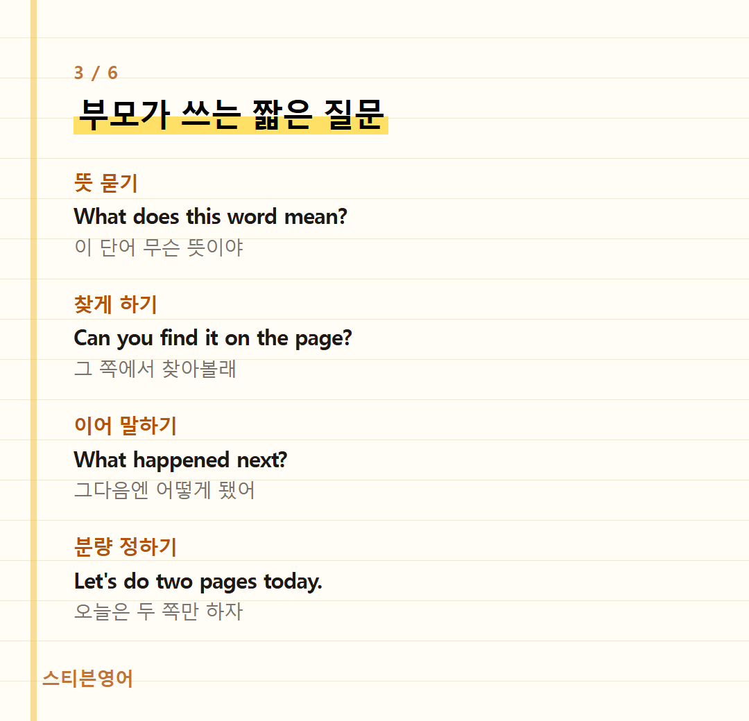 부모가 쓰는 짧은 질문 — 뜻 묻기, 찾게 하기, 이어 말하기, 분량 정하기