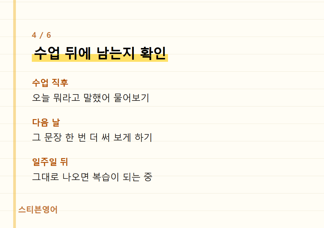 수업 뒤에 남는지 확인 — 수업 직후, 다음 날, 일주일 뒤