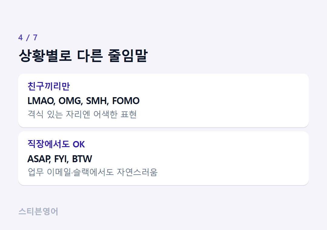 상황별로 다른 줄임말 — 친구끼리만, 직장에서도 OK