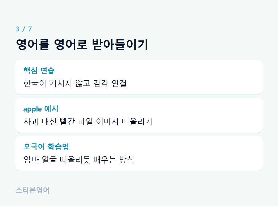 영어를 영어로 받아들이기 — 핵심 연습, apple 예시, 모국어 학습법