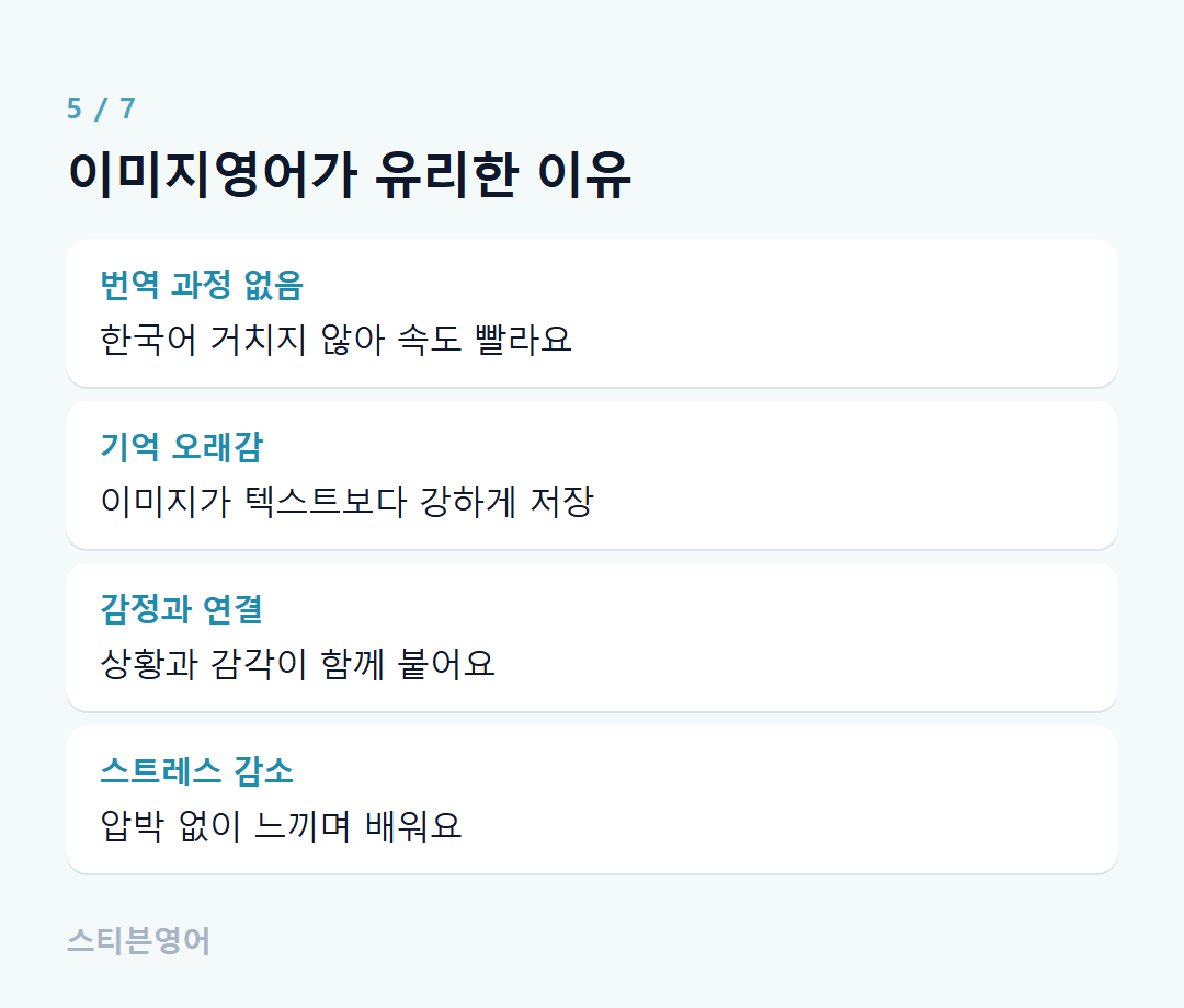 이미지영어가 유리한 이유 — 번역 과정 없음, 기억 오래감, 감정과 연결, 스트레스 감소