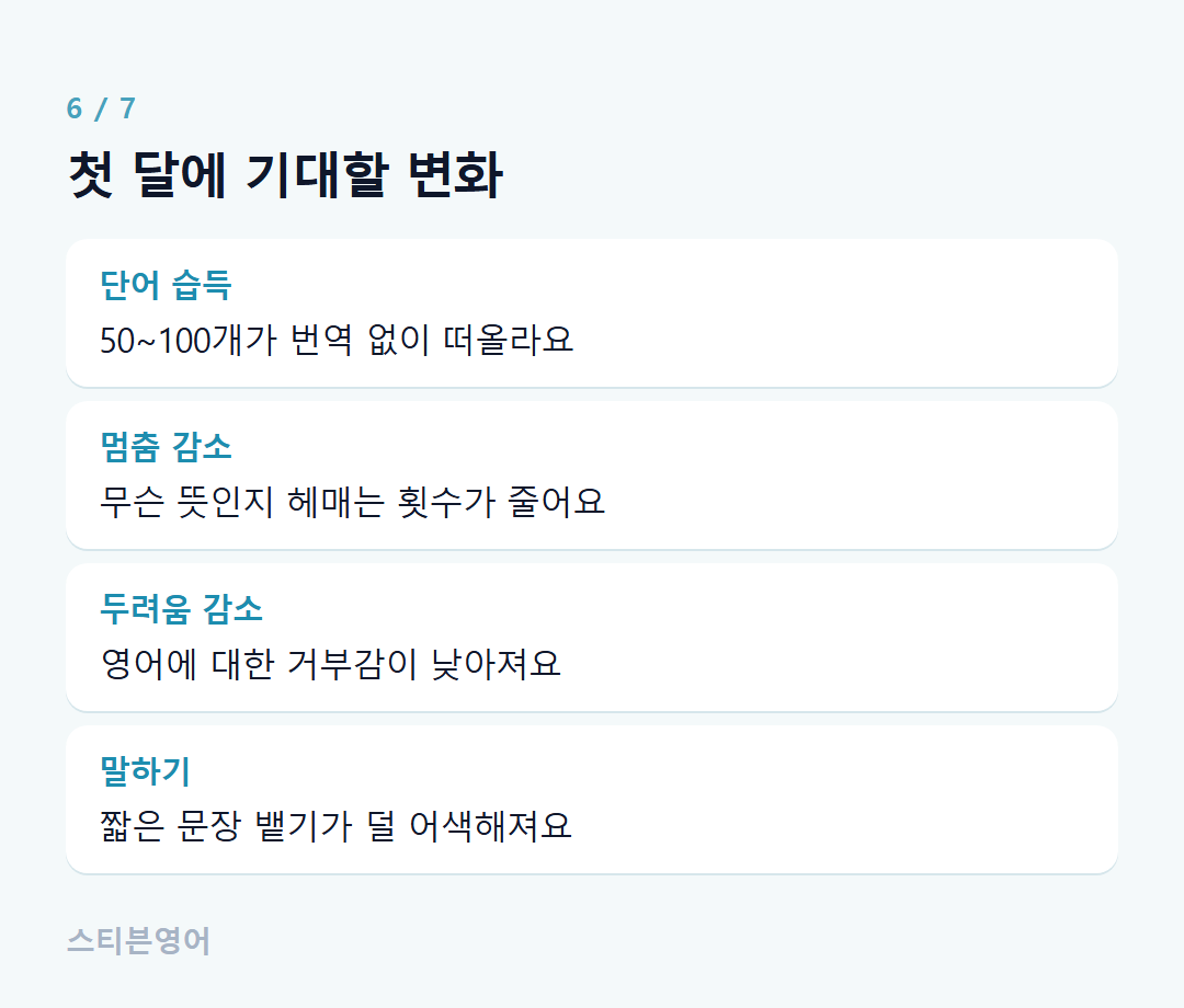 첫 달에 기대할 변화 — 단어 습득, 멈춤 감소, 두려움 감소, 말하기