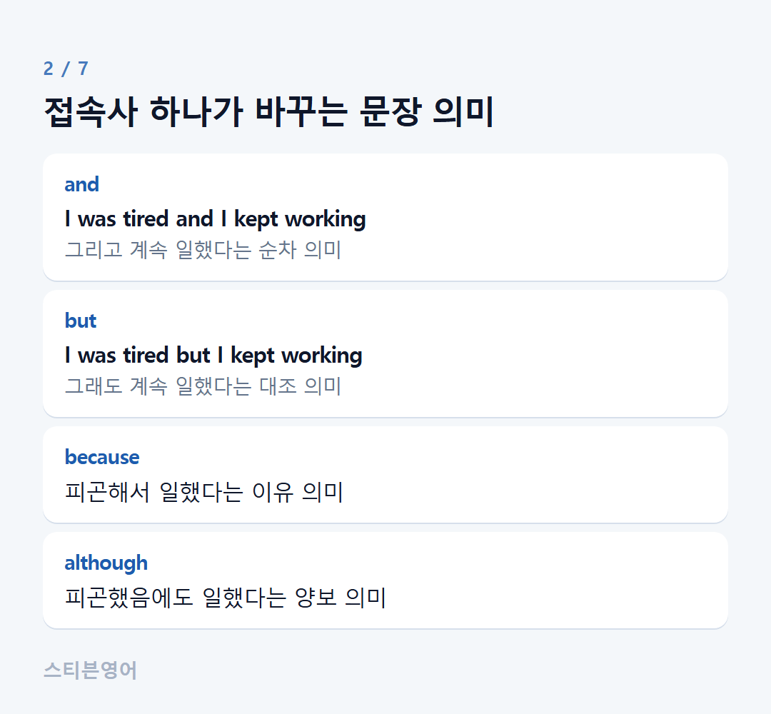 접속사 하나가 바꾸는 문장 의미 — and, but, because, although