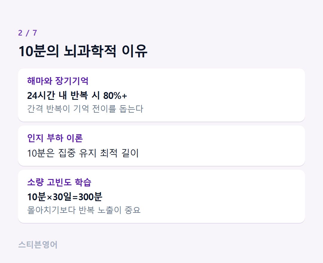 10분의 뇌과학적 이유 — 해마와 장기기억, 인지 부하 이론, 소량 고빈도 학습