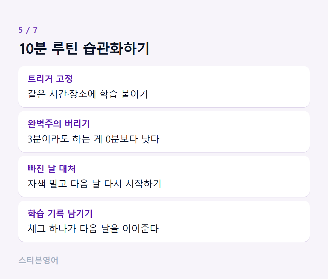10분 루틴 습관화하기 — 트리거 고정, 완벽주의 버리기, 빠진 날 대처, 학습 기록 남기기