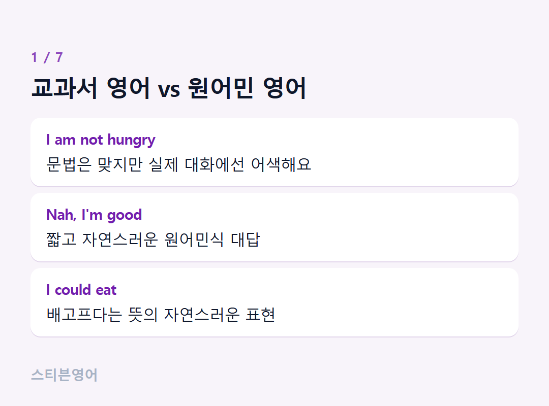 교과서 영어 vs 원어민 영어 — I am not hungry, Nah, I'm good, I could eat