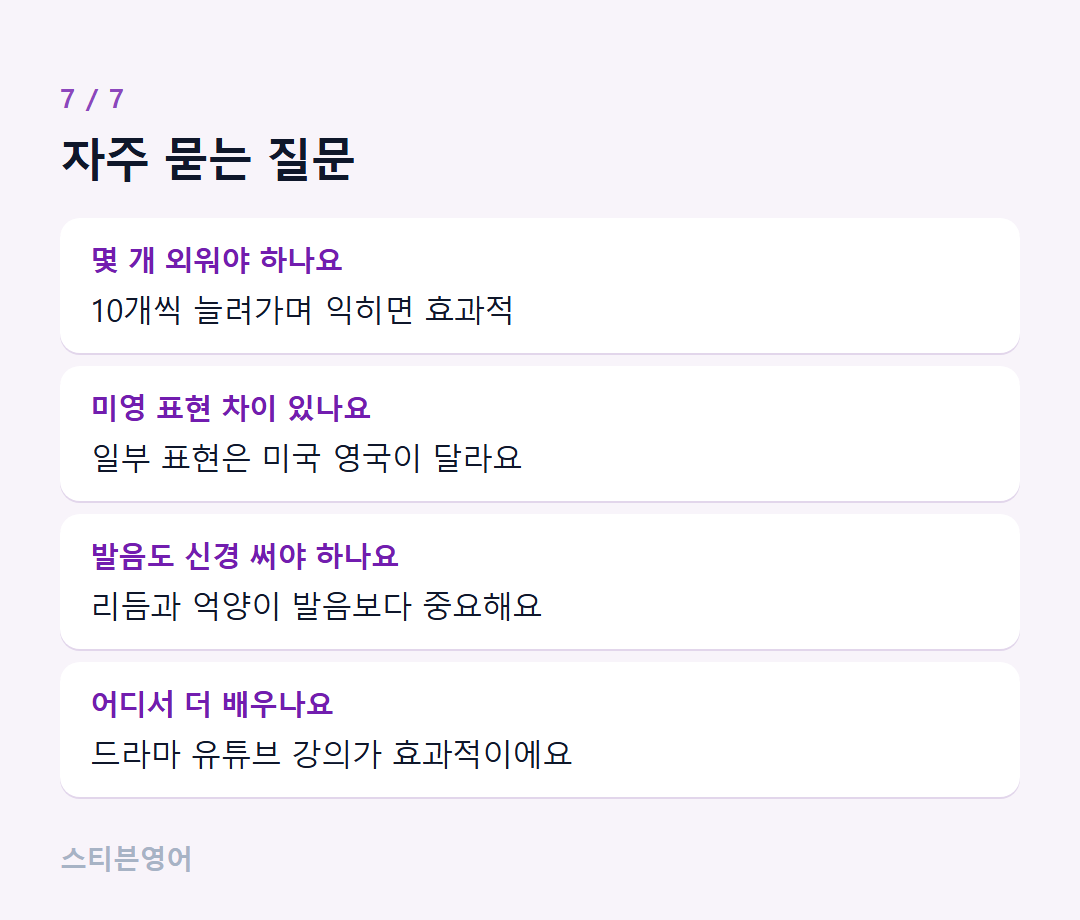 자주 묻는 질문 — 몇 개 외워야 하나요, 미영 표현 차이 있나요, 발음도 신경 써야 하나요, 어디서 더 배우나요