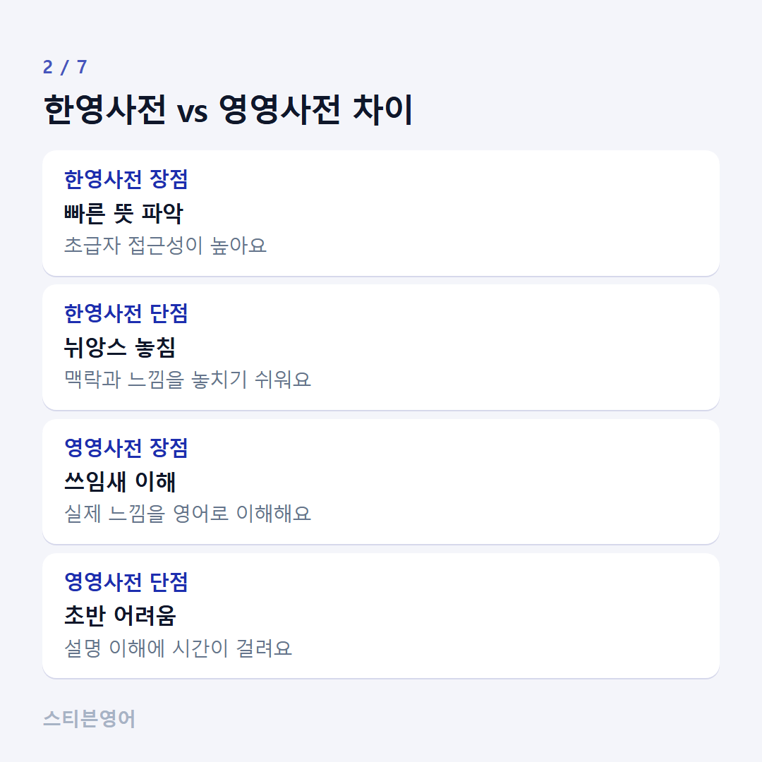 한영사전 vs 영영사전 차이 — 한영사전 장점, 한영사전 단점, 영영사전 장점, 영영사전 단점