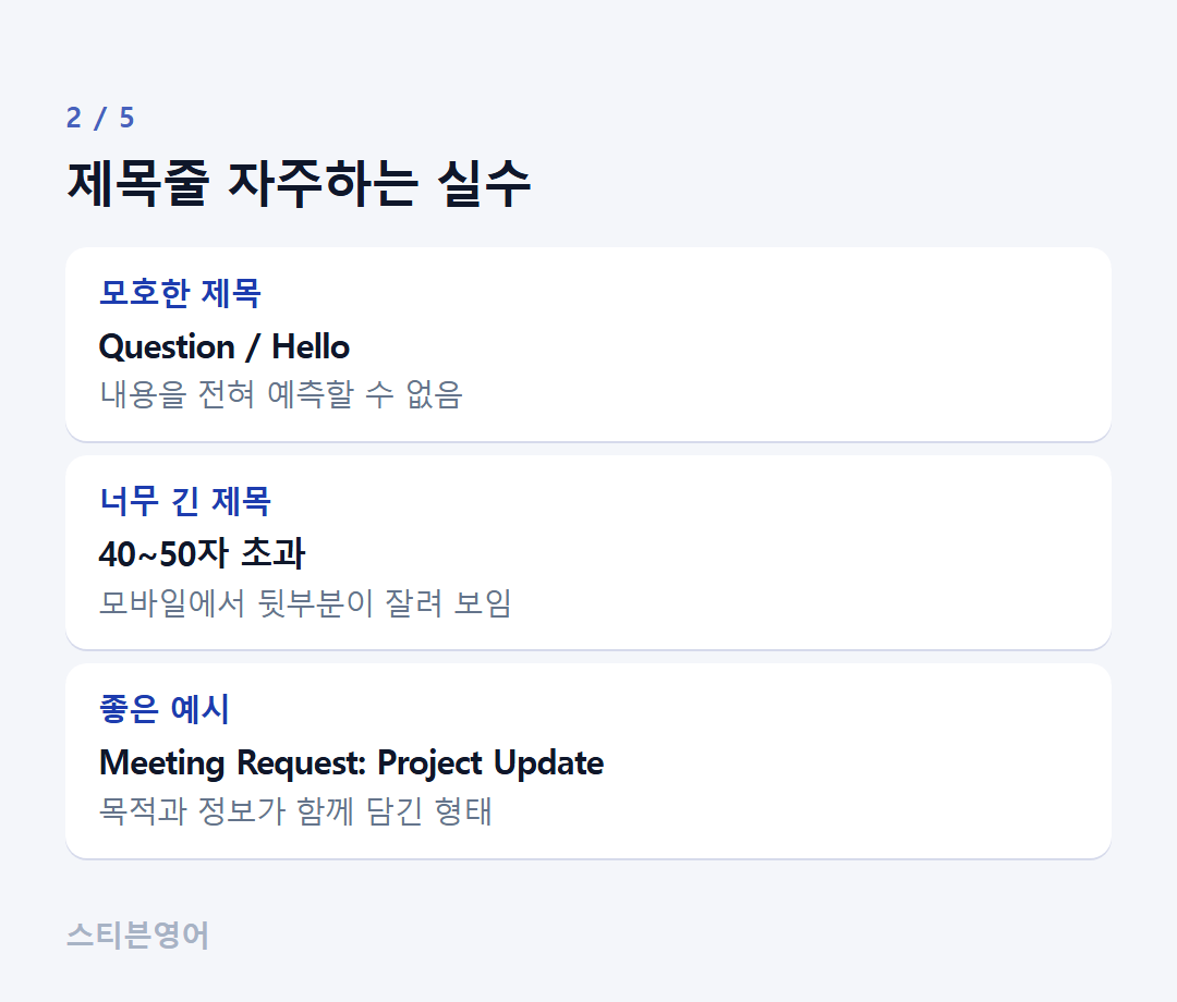 제목줄 자주하는 실수 — 모호한 제목, 너무 긴 제목, 좋은 예시