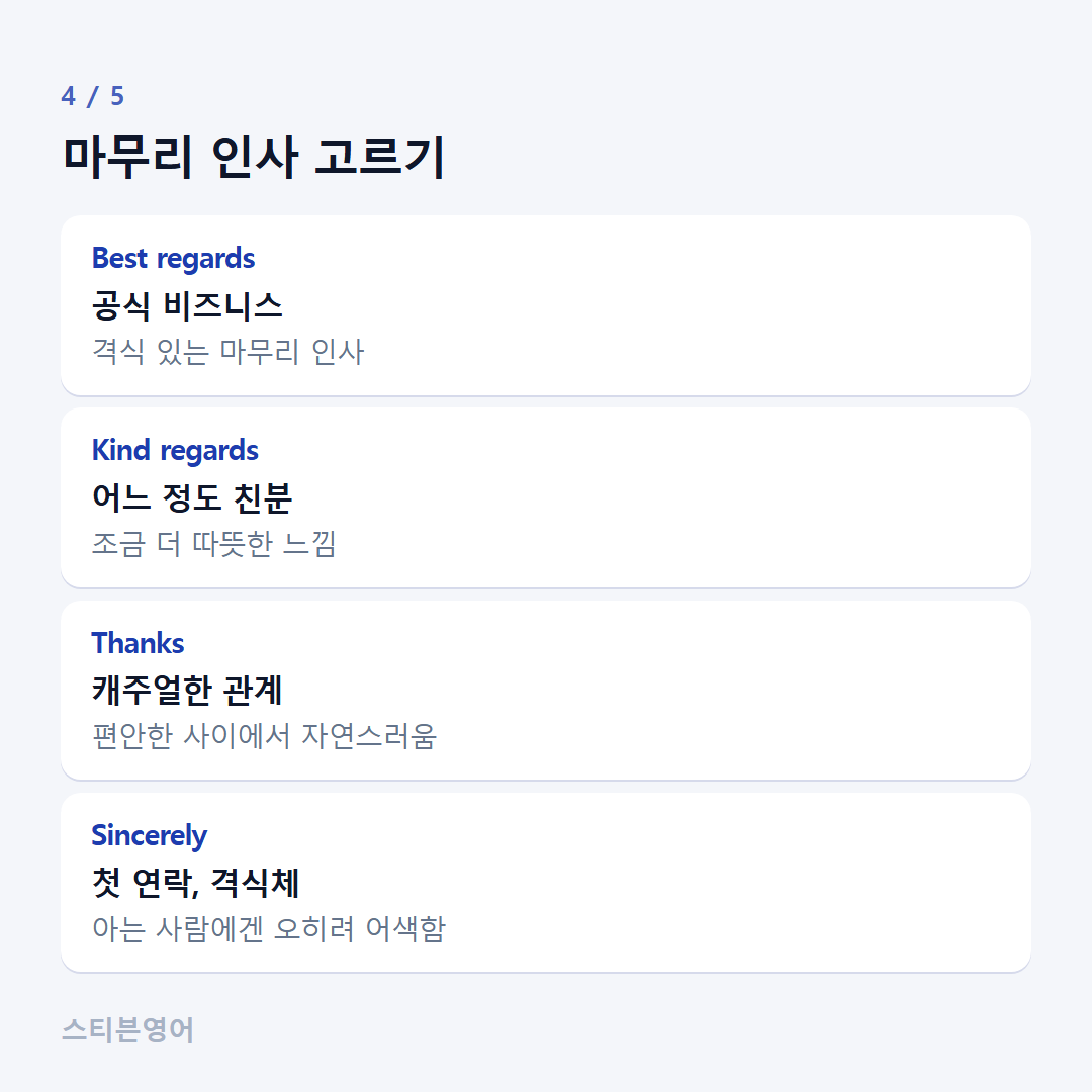 마무리 인사 고르기 — Best regards, Kind regards, Thanks, Sincerely