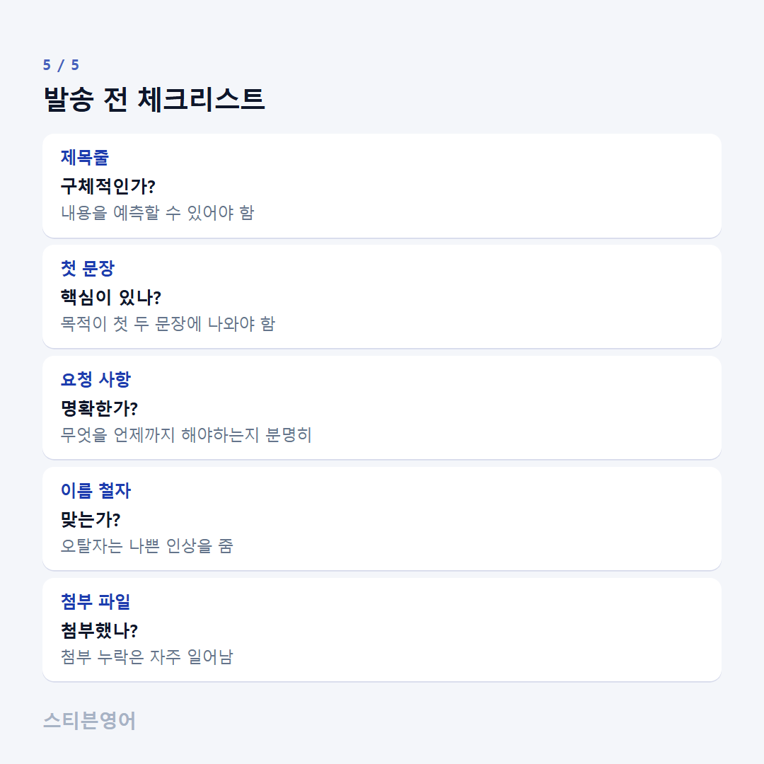 발송 전 체크리스트 — 제목줄, 첫 문장, 요청 사항, 이름 철자, 첨부 파일