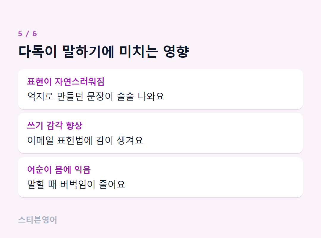 다독이 말하기에 미치는 영향 — 표현이 자연스러워짐, 쓰기 감각 향상, 어순이 몸에 익음