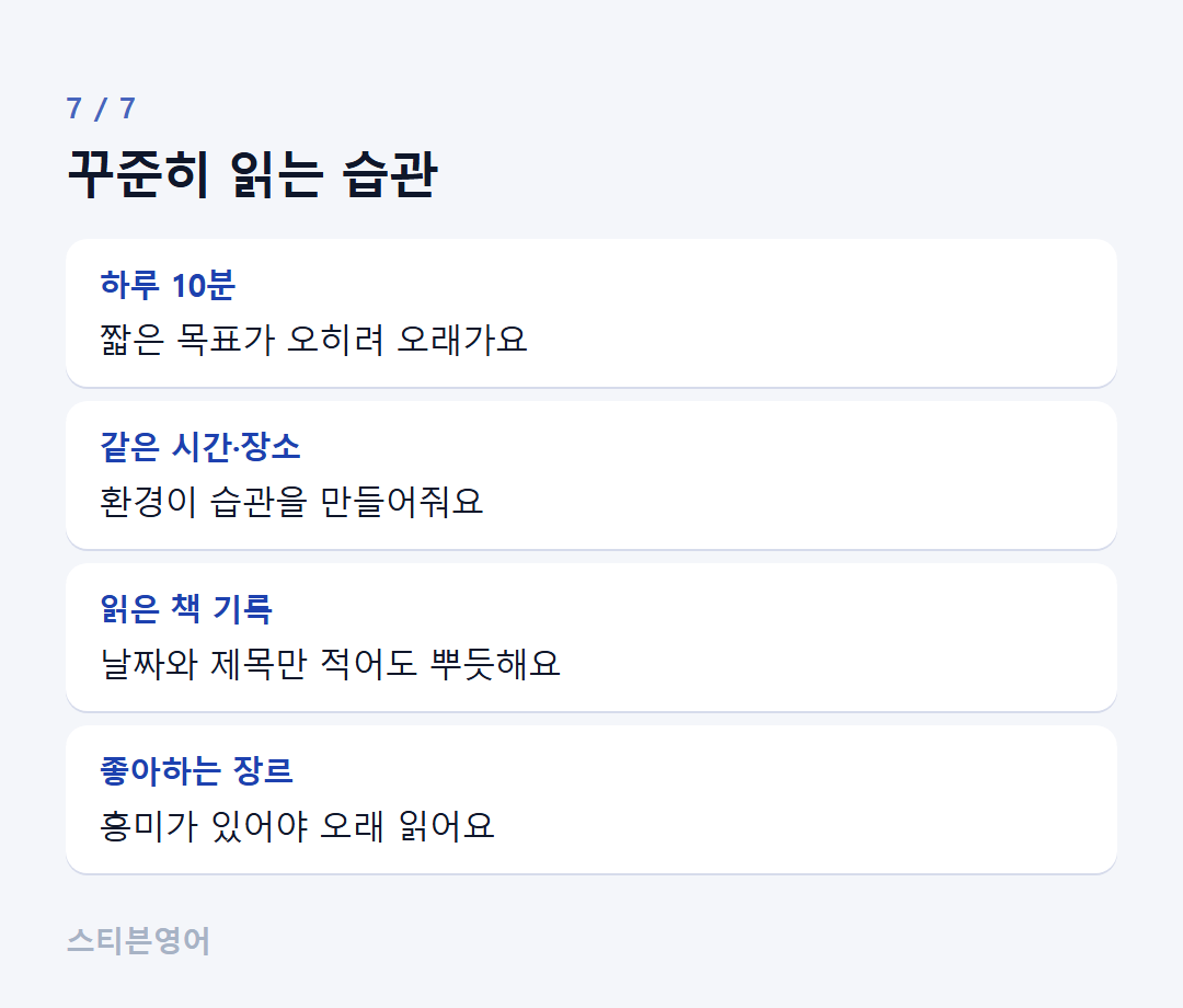 꾸준히 읽는 습관 — 하루 10분, 같은 시간·장소, 읽은 책 기록, 좋아하는 장르