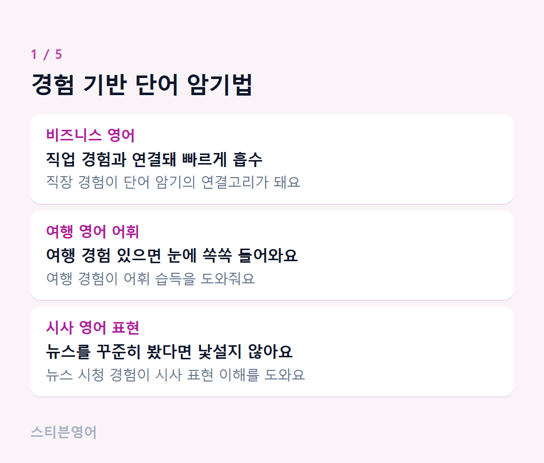 경험 기반 단어 암기법 — 비즈니스 영어, 여행 영어 어휘, 시사 영어 표현