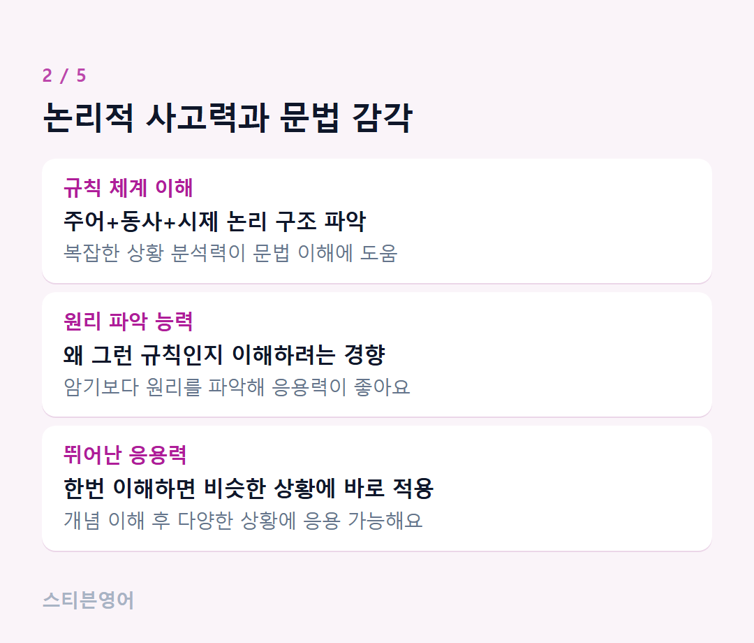 논리적 사고력과 문법 감각 — 규칙 체계 이해, 원리 파악 능력, 뛰어난 응용력