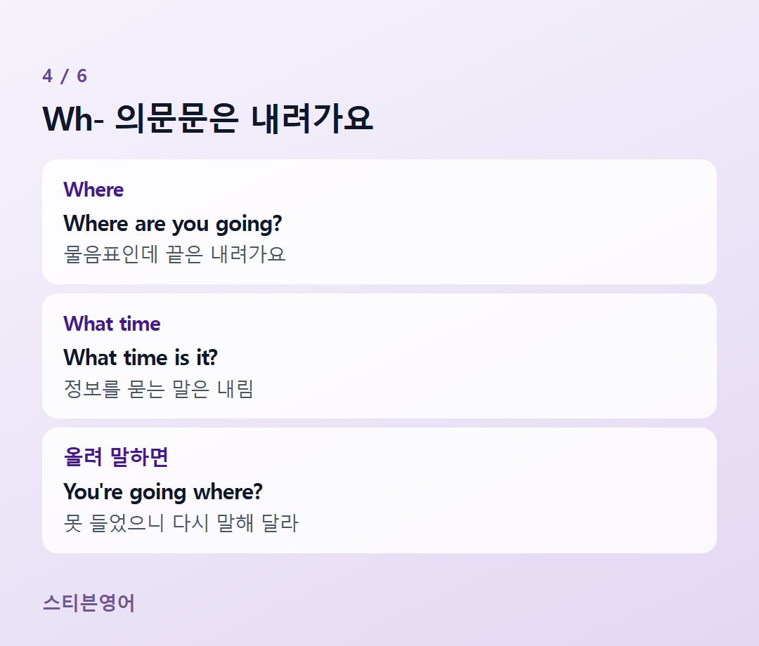 Wh- 의문문은 내려가요 — Where, What time, 올려 말하면