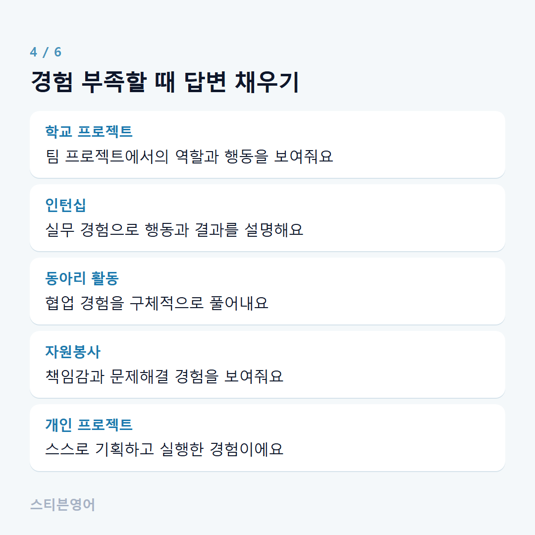 경험 부족할 때 답변 채우기 — 학교 프로젝트, 인턴십, 동아리 활동, 자원봉사, 개인 프로젝트