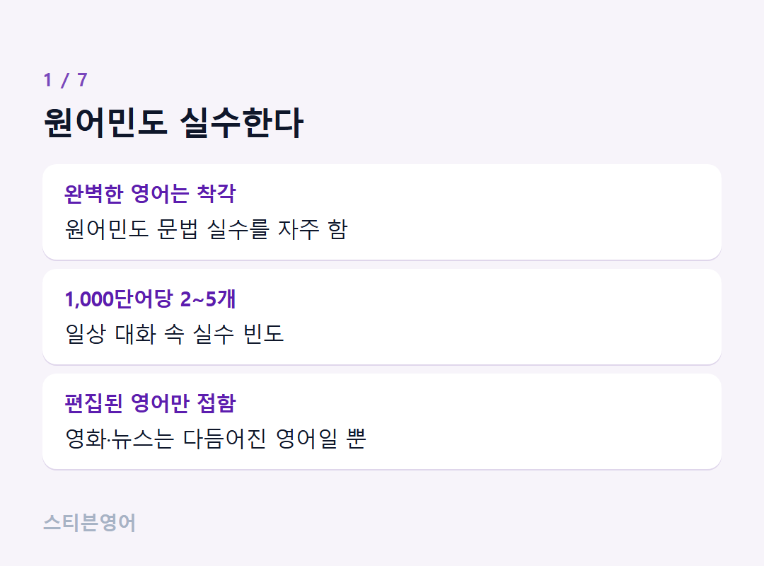 원어민도 실수한다 — 완벽한 영어는 착각, 1,000단어당 2~5개, 편집된 영어만 접함