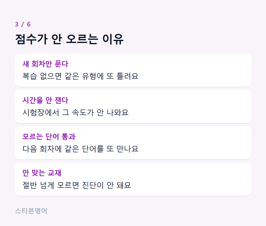 점수가 안 오르는 이유 — 새 회차만 푼다, 시간을 안 잰다, 모르는 단어 통과, 안 맞는 교재