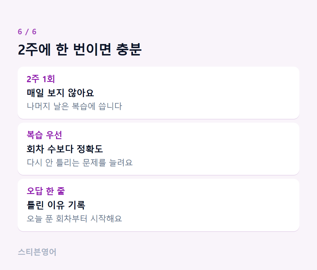 2주에 한 번이면 충분 — 2주 1회, 복습 우선, 오답 한 줄