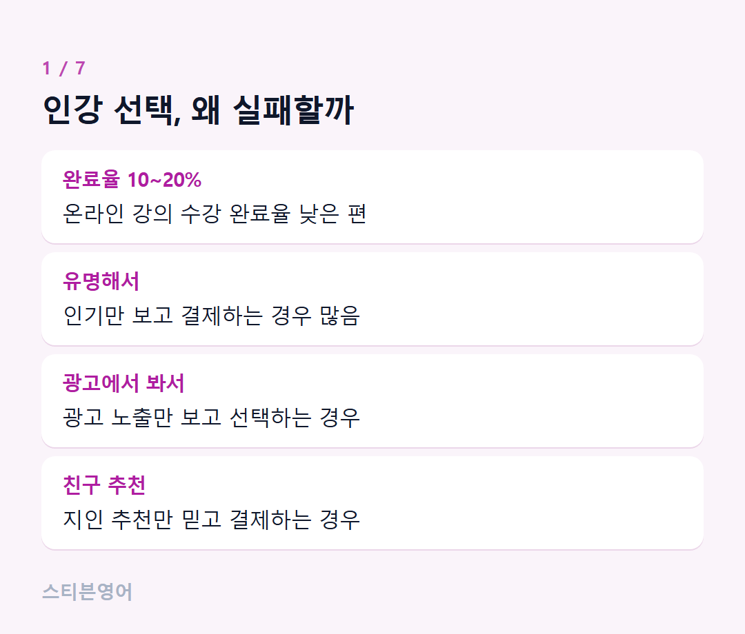 인강 선택, 왜 실패할까 — 완료율 10~20%, 유명해서, 광고에서 봐서, 친구 추천