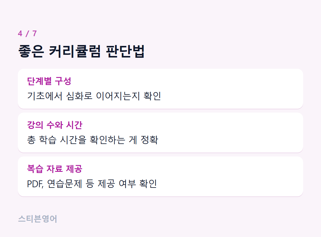 좋은 커리큘럼 판단법 — 단계별 구성, 강의 수와 시간, 복습 자료 제공
