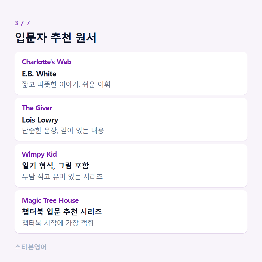 입문자 추천 원서 — Charlotte's Web, The Giver, Wimpy Kid, Magic Tree House