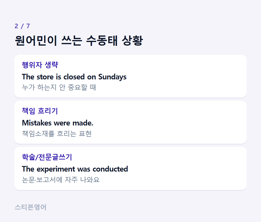 원어민이 쓰는 수동태 상황 — 행위자 생략, 책임 흐리기, 학술/전문글쓰기