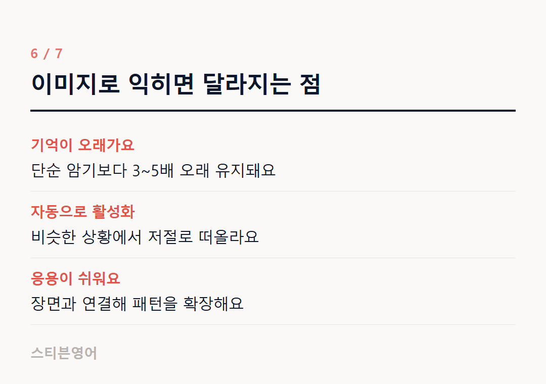이미지로 익히면 달라지는 점 — 기억이 오래가요, 자동으로 활성화, 응용이 쉬워요