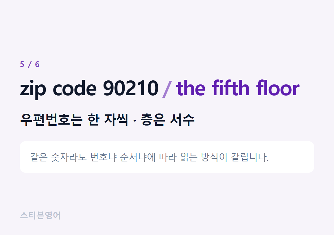 zip code 90210 the fifth floor — 우편번호는 한 자씩 · 층은 서수