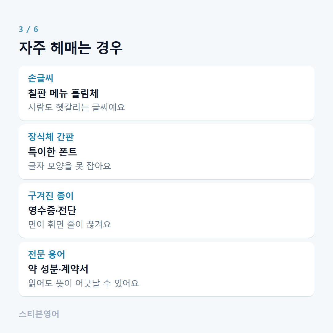 자주 헤매는 경우 — 손글씨, 장식체 간판, 구겨진 종이, 전문 용어