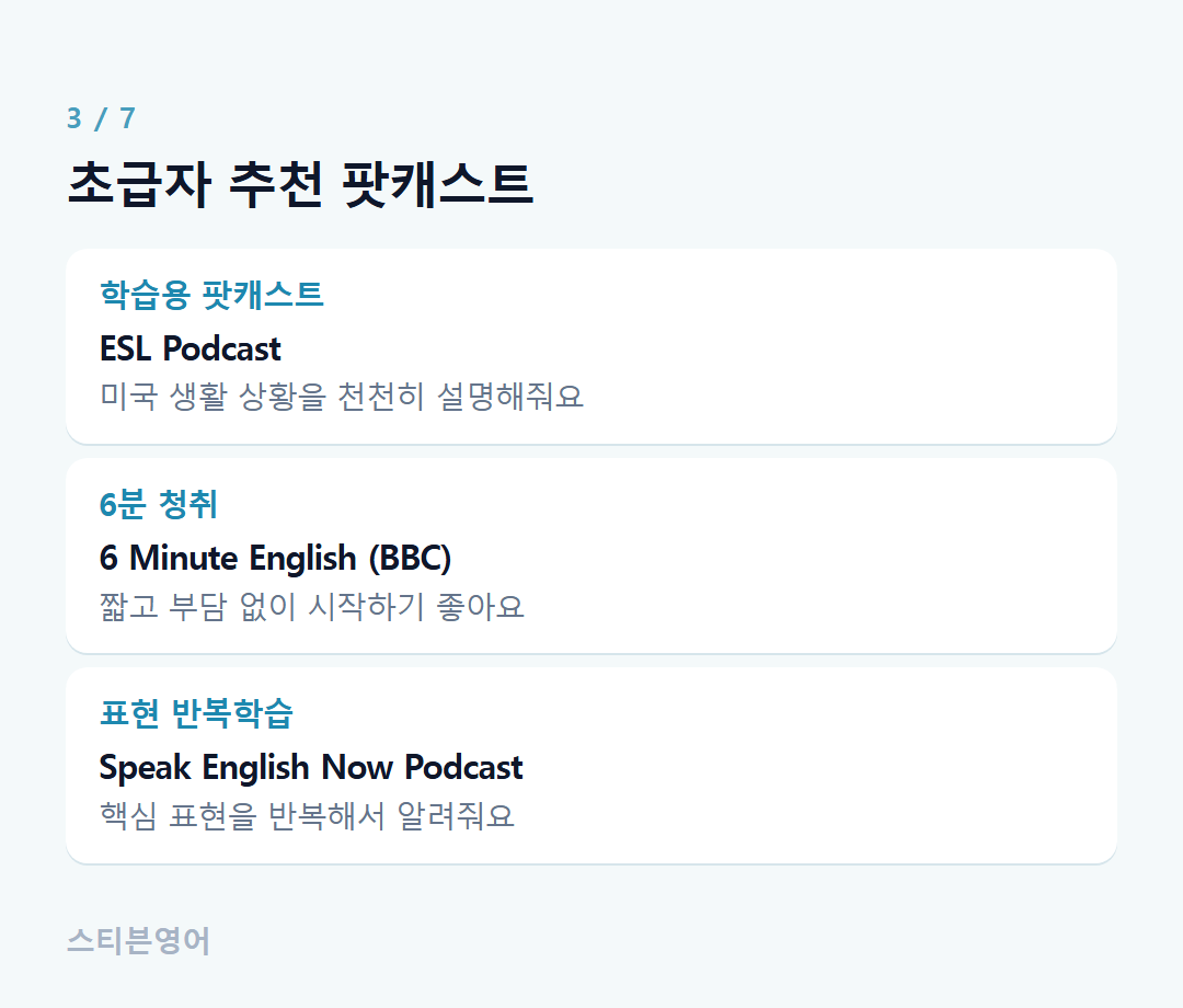 초급자 추천 팟캐스트 — 학습용 팟캐스트, 6분 청취, 표현 반복학습