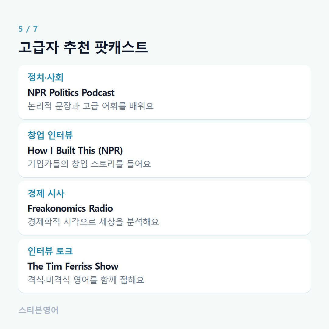 고급자 추천 팟캐스트 — 정치·사회, 창업 인터뷰, 경제 시사, 인터뷰 토크