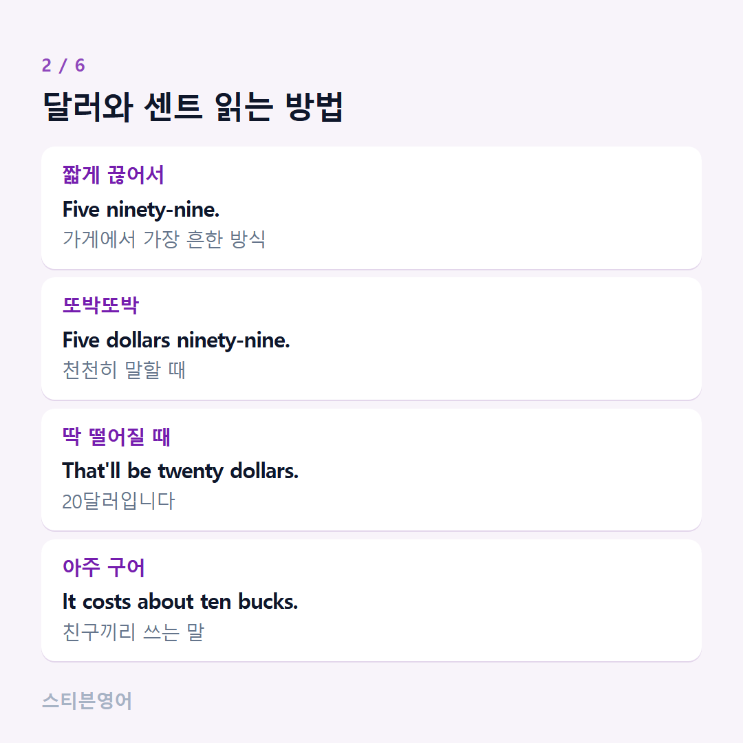 달러와 센트 읽는 방법 — 짧게 끊어서, 또박또박, 딱 떨어질 때, 아주 구어
