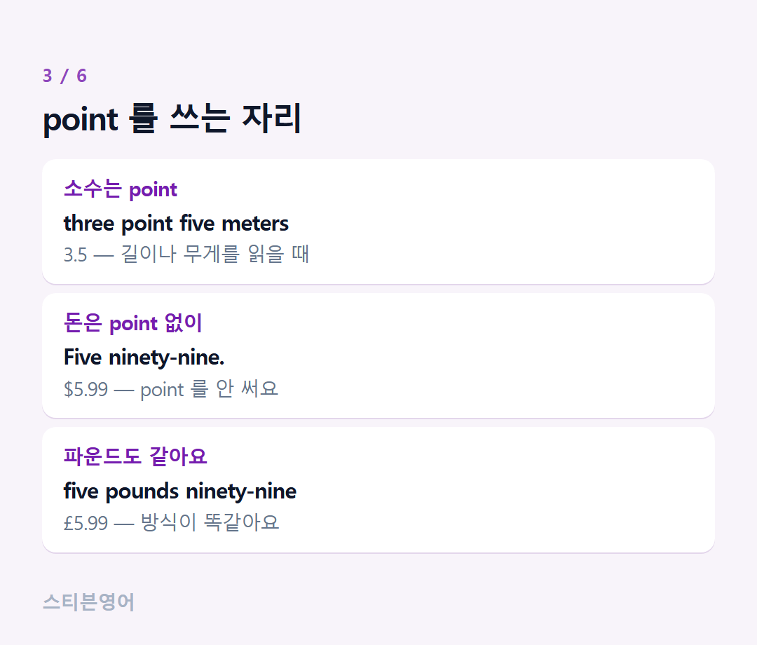 point 를 쓰는 자리 — 소수는 point, 돈은 point 없이, 파운드도 같아요