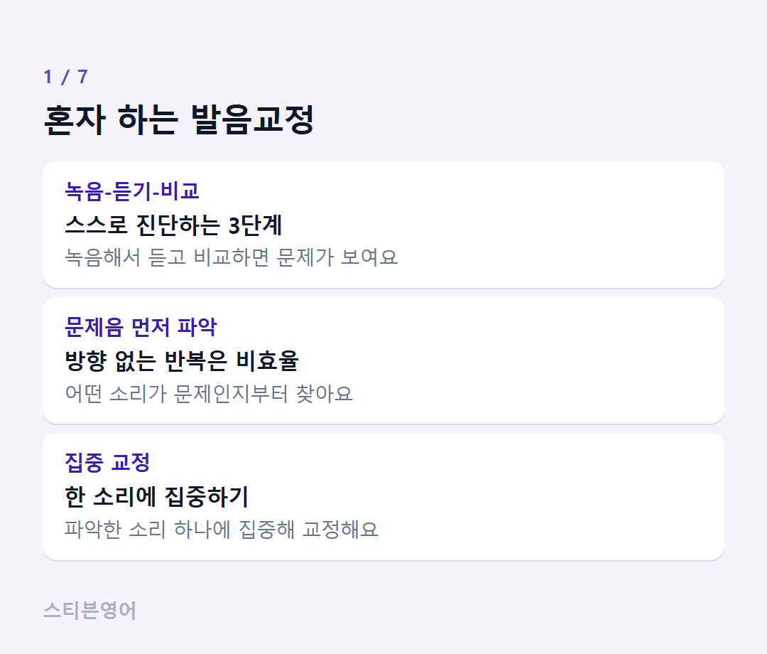 혼자 하는 발음교정 — 녹음-듣기-비교, 문제음 먼저 파악, 집중 교정