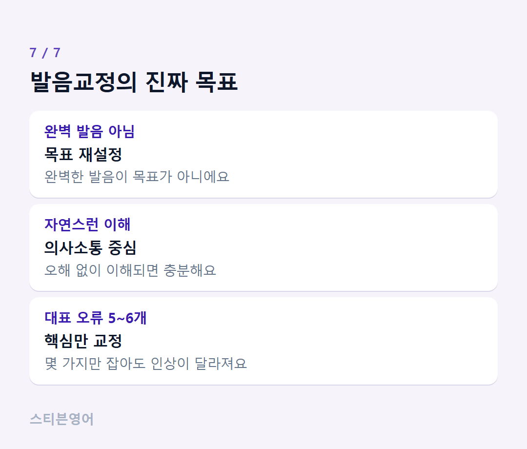 발음교정의 진짜 목표 — 완벽 발음 아님, 자연스런 이해, 대표 오류 5~6개